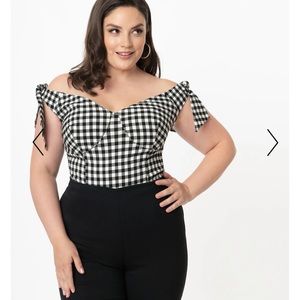 Unique Vintage Pinup Gingham Off The Shoulder Top